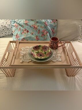 Vintage Ronel Co. Pink Wood Bed Tray Adjustable Tilting Lap Desk W/ Side Baskets